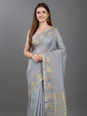 Art Dupion Embroidered Saree: Sky Grey