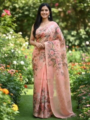 Art Dupion Handloom Digital Print Pink Saree