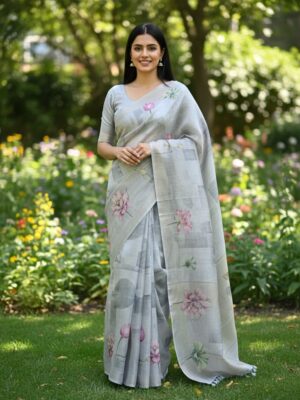 Art Handloom Digital Print Saree: Grey Floral Design