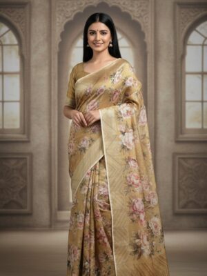 Art Handloom Digital Print Saree: Golden Mustard Floral Design