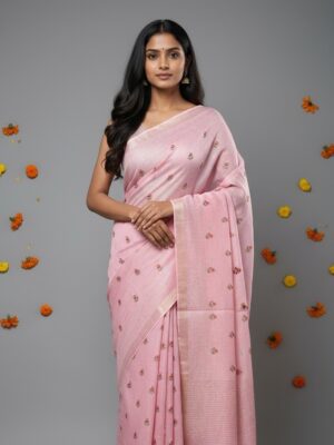 Art Dupion Embroidered Saree: Light Pink